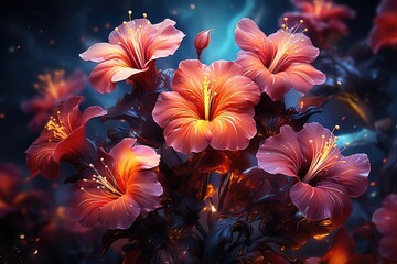 Vibrant flowers portrayed in a fantasy background with wildlife nature. (Illustration, Generative AI)