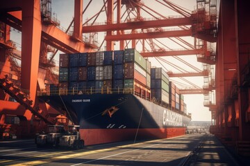 Naklejka premium Container ship at the berth in cargo terminal of the port under loading. Port cranes load containers, place them on the deck of the vessel. International freight shipping concept. 3D illustration.