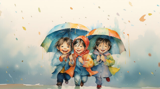 Aquarelle painting with children playing in the rain