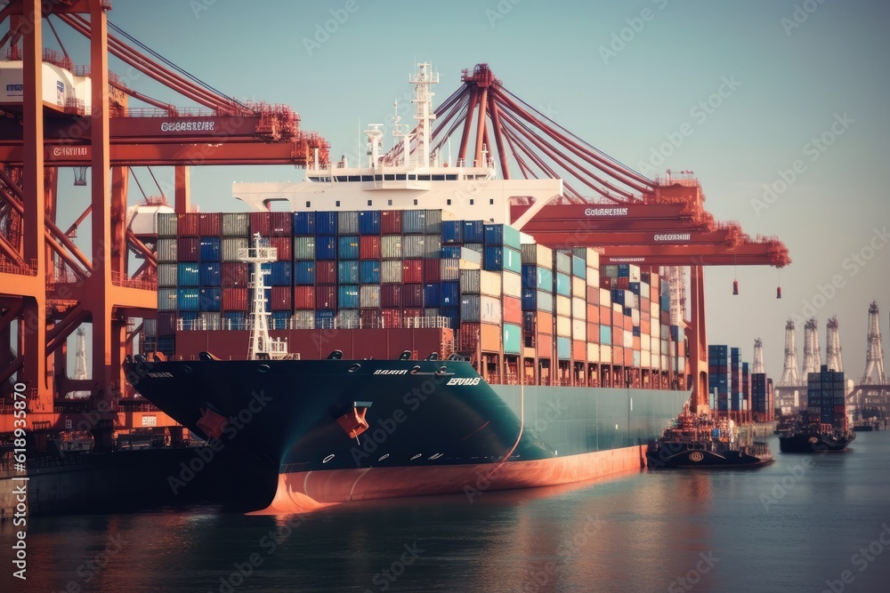 Poster container ship at the berth in cargo terminal of the port under loading or unloading. port cranes lo