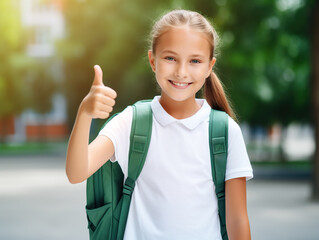 Happy schoolgirl with school bag thumbs up in the school yard. Back to school background Generative ai