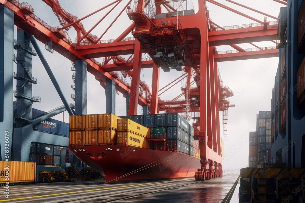 Poster container ship at the berth in cargo terminal of the port under loading. port cranes load containers