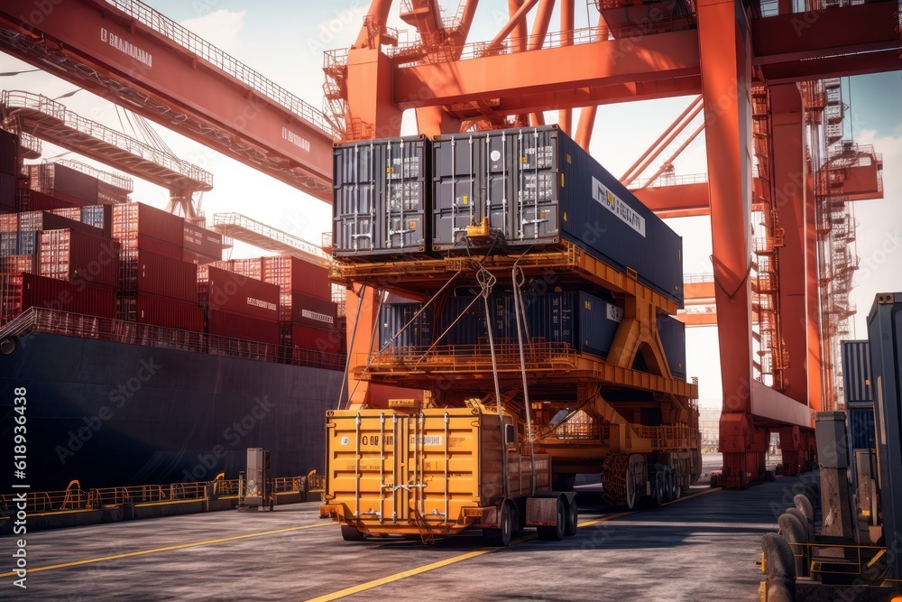 Poster container ship at the berth in cargo terminal of the port under loading. port cranes load containers