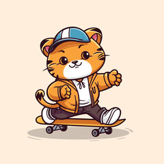 cute tiger riding skateboard summer sport vector illustration