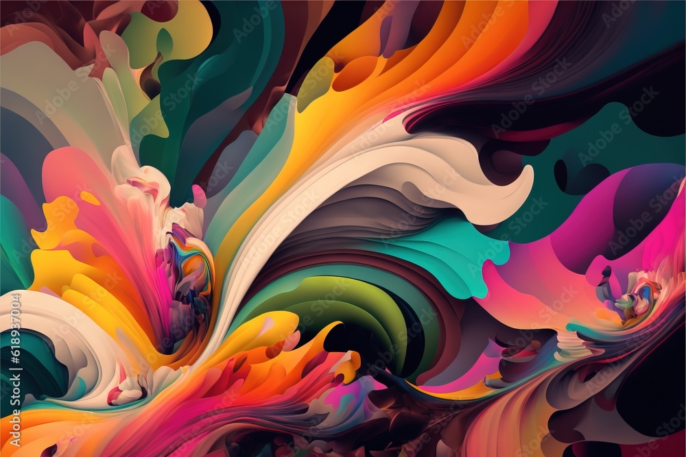 Poster an abstract painting of multicolored waves and shapes with a black frame on the bottom of the image 