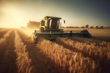 Fototapeta premium Tractor fertilizing a field. Future technology with agriculture farming concept. Generative AI