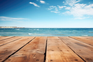 Fototapeta na wymiar Wooden texture with blue sea and bright sky in summer background. Generative AI