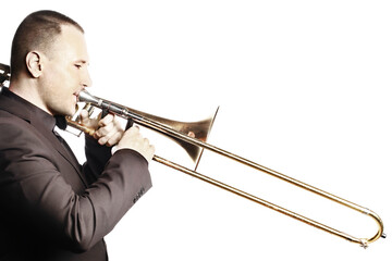 Trombone player. Trombonist playing brass instrument isolated on white