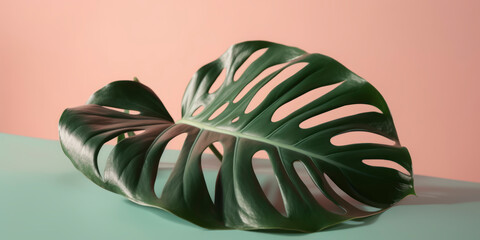Fototapeta na wymiar Vibrant monstera leaf featured on a soft-colored backdrop. AI Generated