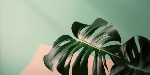 Vibrant monstera leaf featured on a soft-colored backdrop. AI Generated