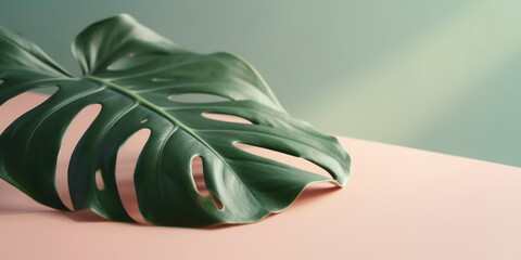 Elegant monstera leaf on a gentle, soft color background. AI Generated