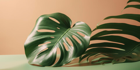 Fototapeta na wymiar Elegant monstera leaf on a gentle, soft color background. AI Generated