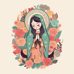 Obraz na płótnie Canvas Cute Animated Virgin of Guadalupe. AI Generated