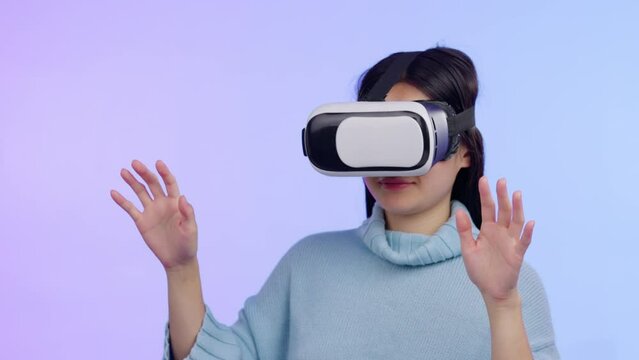Woman, virtual reality glasses and shock in studio with 3d video, movie or online gaming by background. Girl, ar vision and metaverse for horror, wow or surprise in cyber user experience on internet