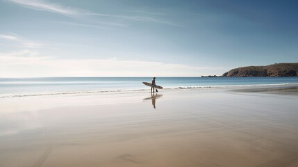 Fototapeta na wymiar A beach scene with a paddleboarder in calm waters. Generative AI