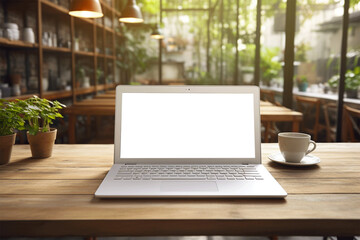 Laptop with blank screen on Wood table, screen isolate on transparent 