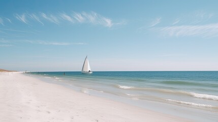 A beach scene with a sailboat on the horizon. Generative AI