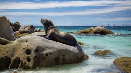 A beach scene with a sea lion resting on a rock. Generative AI