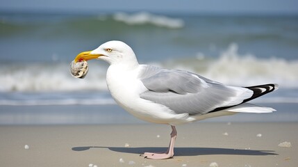 A beach scene with a seagull holding a clam in its beak. Generative AI