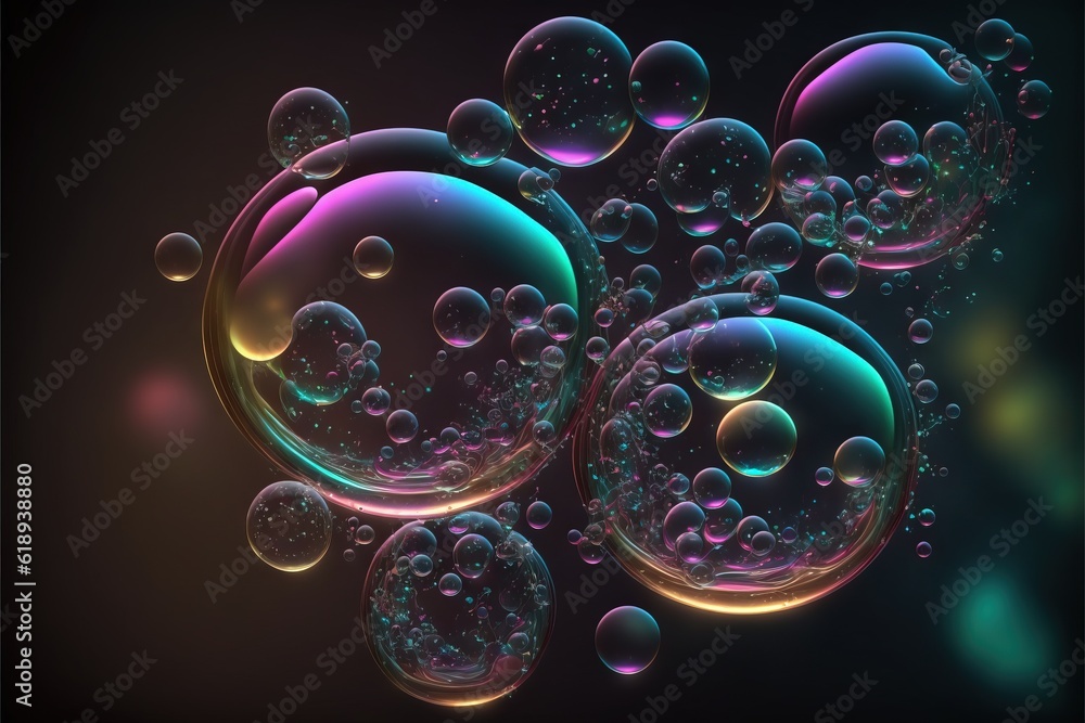Poster a bunch of bubbles floating in the air on a black background with a purple and blue background and a