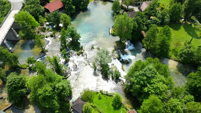 Aerial shot drone flies camera down over Rastoke, Slunj, Croatia