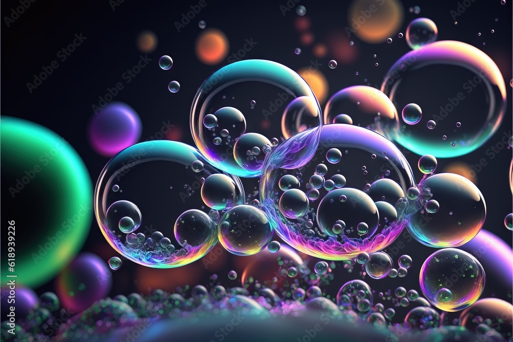 Poster a bunch of bubbles floating in the air with a black background and a blue sky in the background with