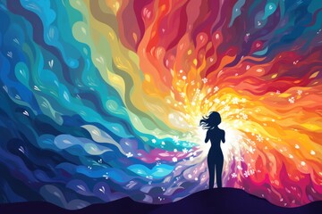 the journey of healing and resilience in mental health - person standing in a swirling storm of emotions - colorful rainbow - generative ai