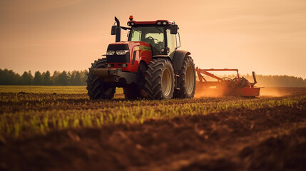 Fototapeta premium red tractor plowing cereal field with sky with clouds, Created using generative AI tools.