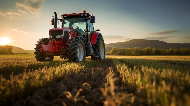 Fototapeta red tractor plowing cereal field with sky with clouds,  Created using generative AI tools.