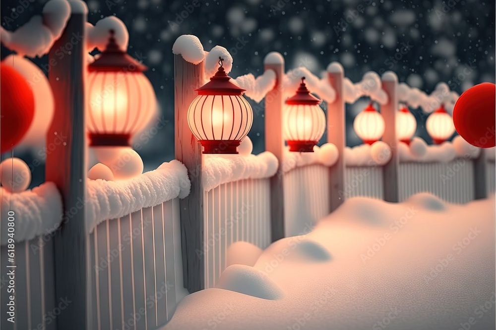 Poster a row of red lanterns sitting on top of a snow covered fence next to a snow covered field with a red