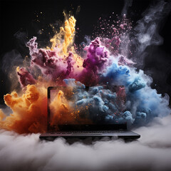 Laptop with blank screen Powerful explosion of powder explosion dust, holi