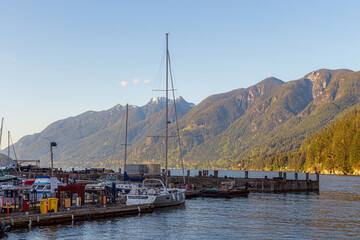 Ship dock with boats and mountain range in the back