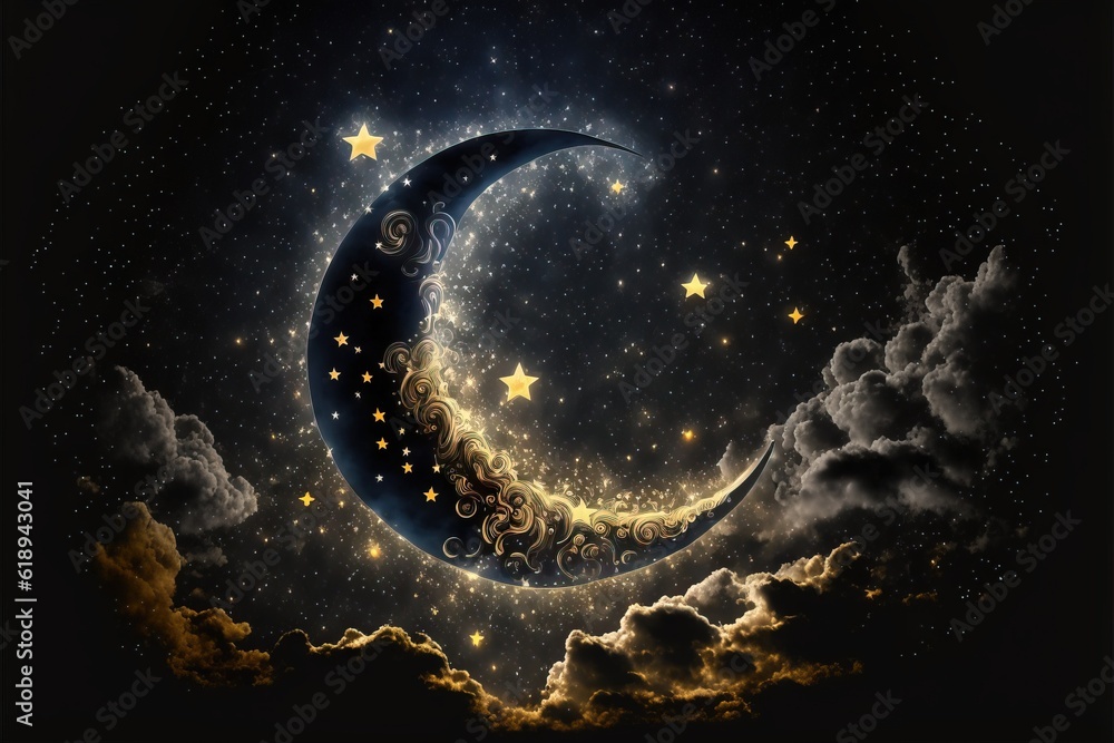Poster a crescent moon with stars in the night sky above clouds and stars in the sky above the clouds is a 