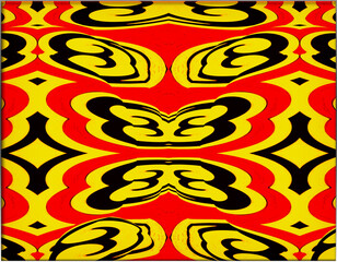 Abstract, Print, Multiple Black, Red, Yellow 3d Shapes, and Patterns, within a Border