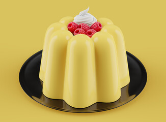 Succulent Vanilla Pudding Delight with Red Raspberries and a Decadent Whipped Cream Topping - 3D