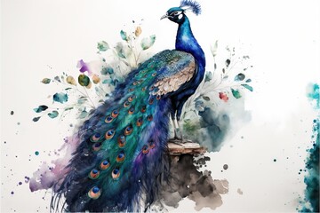 a painting of a peacock on a piece of wood with watercolor paint splatters on it's back and feathers on the back of its back.