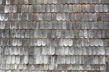 Photo of a detailed view of a traditional wooden shingle roof in Chiloe, Chile