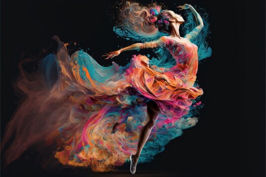 a woman in a colorful dress is dancing in the air with her arms spread out and her legs spread out, with a black background of blue and orange and pink and pink smoke and blue.