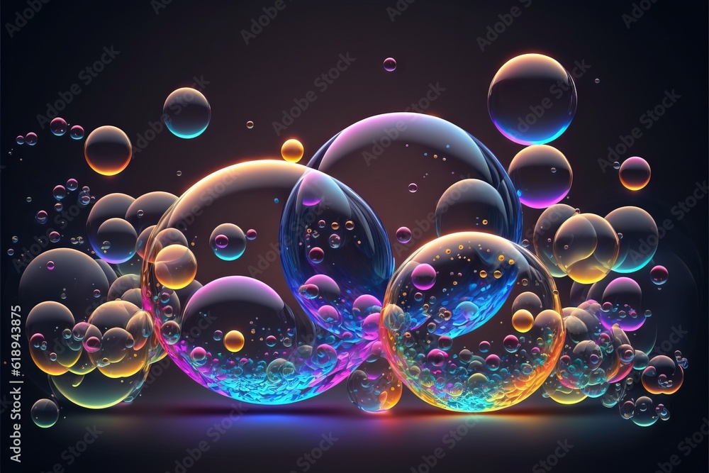 Aufkleber a bunch of soap bubbles floating on a black background with a blue and yellow glow and bubbles in th