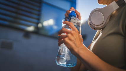 close up hands unknown caucasian woman open plastic bottle of water