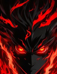 Blazing Eyes: A Sinister Anime Character with Red Flames, Generative AI
