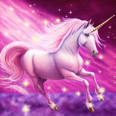 Obraz na płótnie Canvas Beautiful illustration of realistic pink unicorn with twinkling bright magic sparkle around colorful mythical fantasy horse with horn. Ravishing enchanted animal from fairytale by generative AI.