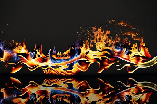 a black background with a fire pattern on the top of it and a reflection of the bottom of the image on the bottom of the image of the image is a black surface with a black background.