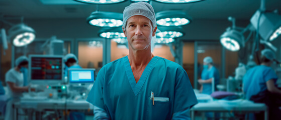 A surgeon smiles after a challenging and successful operation in the hospital operating room