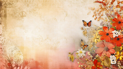 Spring background with flowers and butterflies.