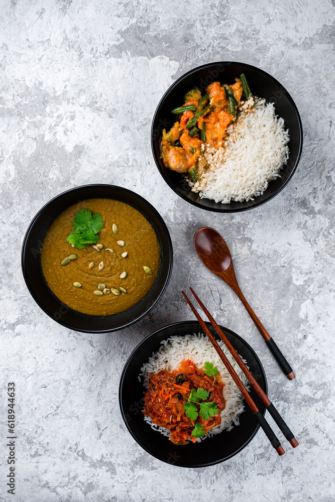 Canvas Prints set of asian food: rice with stew and vegetables and lentil soup puree, fresh lunch.