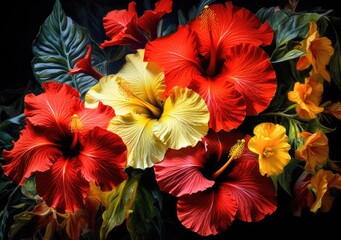 A cluster of vibrant hibiscus flowers. Poster. Generative ai.