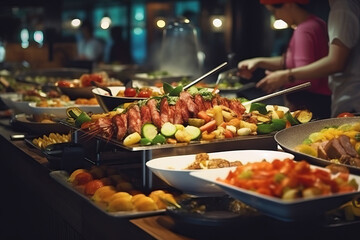 A colorful and delicious buffet line with a variety of mouth-watering dishes