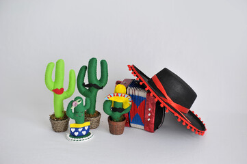 fogueira, cactos com bigodes, acordeon e chapéu mexicano, cenário mexicano em fundo branco com...
