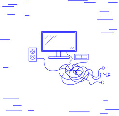 A vector computer, a speaker and a clock with a huge tangle of wires. Linear illustration.